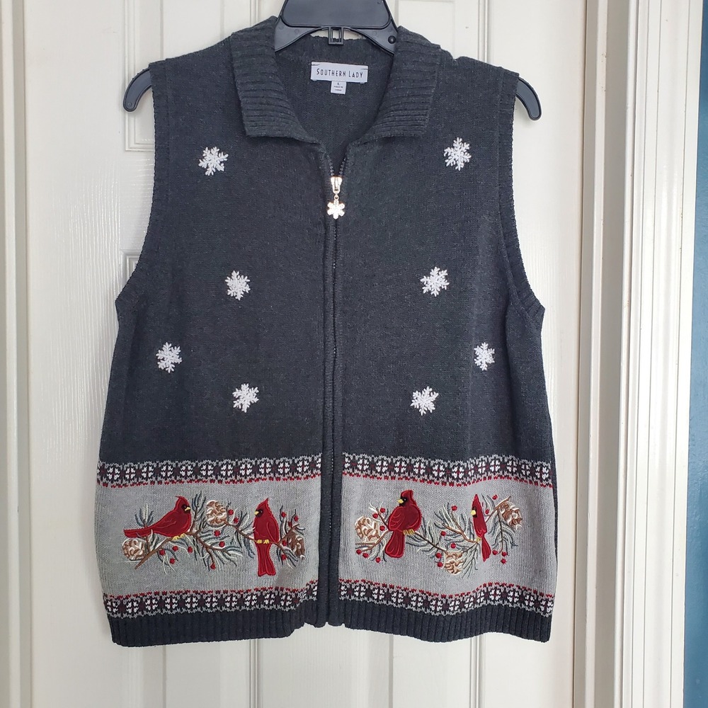 Southern Lady Womens Large Charcoal Grey Cardinal Snowflake Zip Up Sweater Vest
